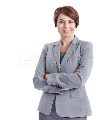 Buy stock photo Business, portrait or woman with arms crossed, about us or investment specialist in finance industry. Smile, space or wealth consultant with confidence, pride or asset advisor on studio background.
