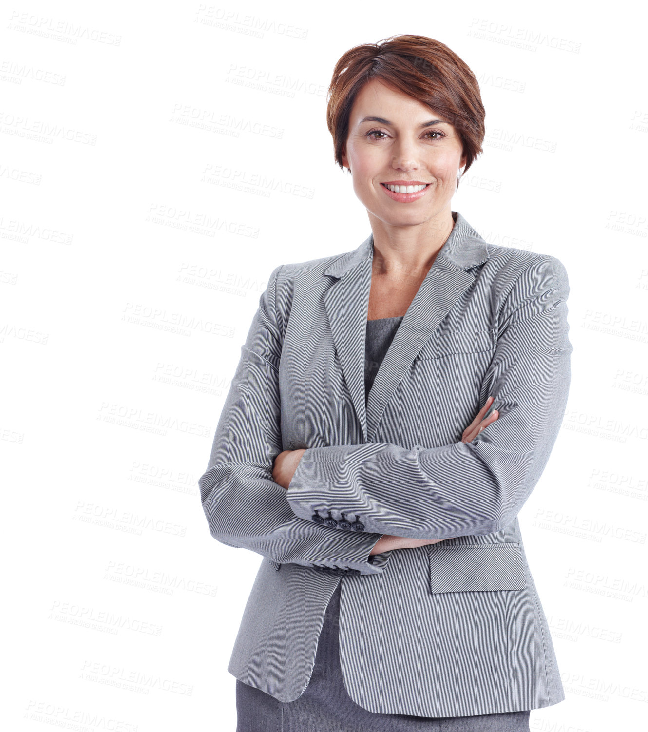 Buy stock photo Business, portrait or woman with arms crossed, about us or investment specialist in finance industry. Smile, space or wealth consultant with confidence, pride or asset advisor on studio background.