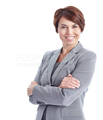 Buy stock photo Business, portrait or woman with arms crossed, pride or investment specialist in finance industry. Happy, space or wealth consultant with confidence, about us or asset advisor on studio background.