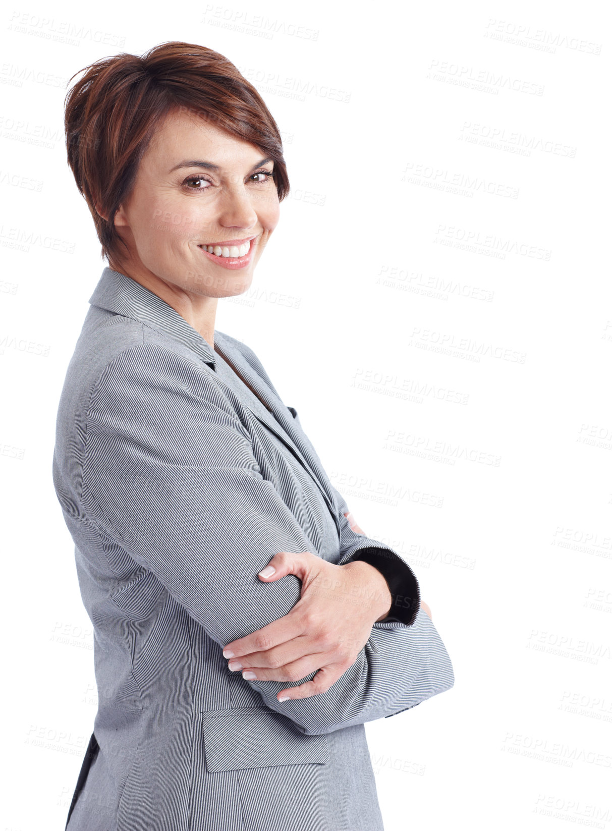 Buy stock photo Business, woman and space in portrait in studio, legal consultant or attorney with pride. Professional person, corporate lawyer and arms crossed for confidence and career, smile and white background
