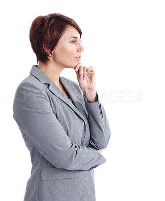 Buy stock photo Woman, thinking and professional in studio for business, development ideas and investment planning. Investor, profile and choice on white background space for opportunity, company vision and finance