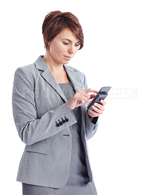 Buy stock photo Woman, reading and phone in studio for business, realtor schedule or booking confirmation. Real estate agent, mobile and typing on white background space for contact, calendar update or network