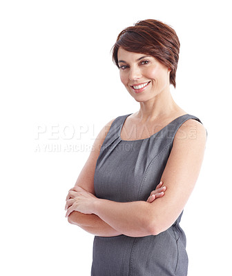 Buy stock photo Business, woman and arms crossed in portrait in studio, legal consultant or attorney with pride. Professional person, corporate lawyer and space for confidence and career, smile and white background