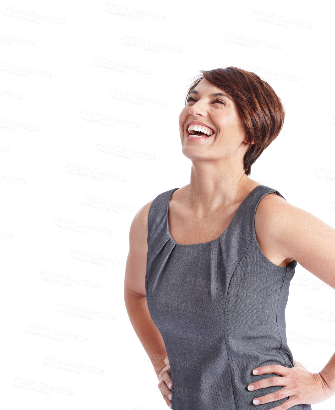 Buy stock photo Laugh, happy and business woman in studio with good news, job promotion or reaction by space. Professional person, positive opportunity or funny with career development, growth and white background