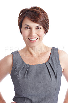 Buy stock photo Happy, portrait and businesswoman with pride in studio, paraplanner and ambitious for career growth. Corporate, financial advisor and person with smile, white background and job experience in Spain