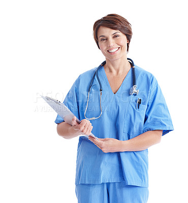 Buy stock photo Portrait, smile and medical nurse with clipboard in studio with stethoscope for healthcare, space and job. Nursing, woman or paperwork on white background for schedule, checklist or insurance form