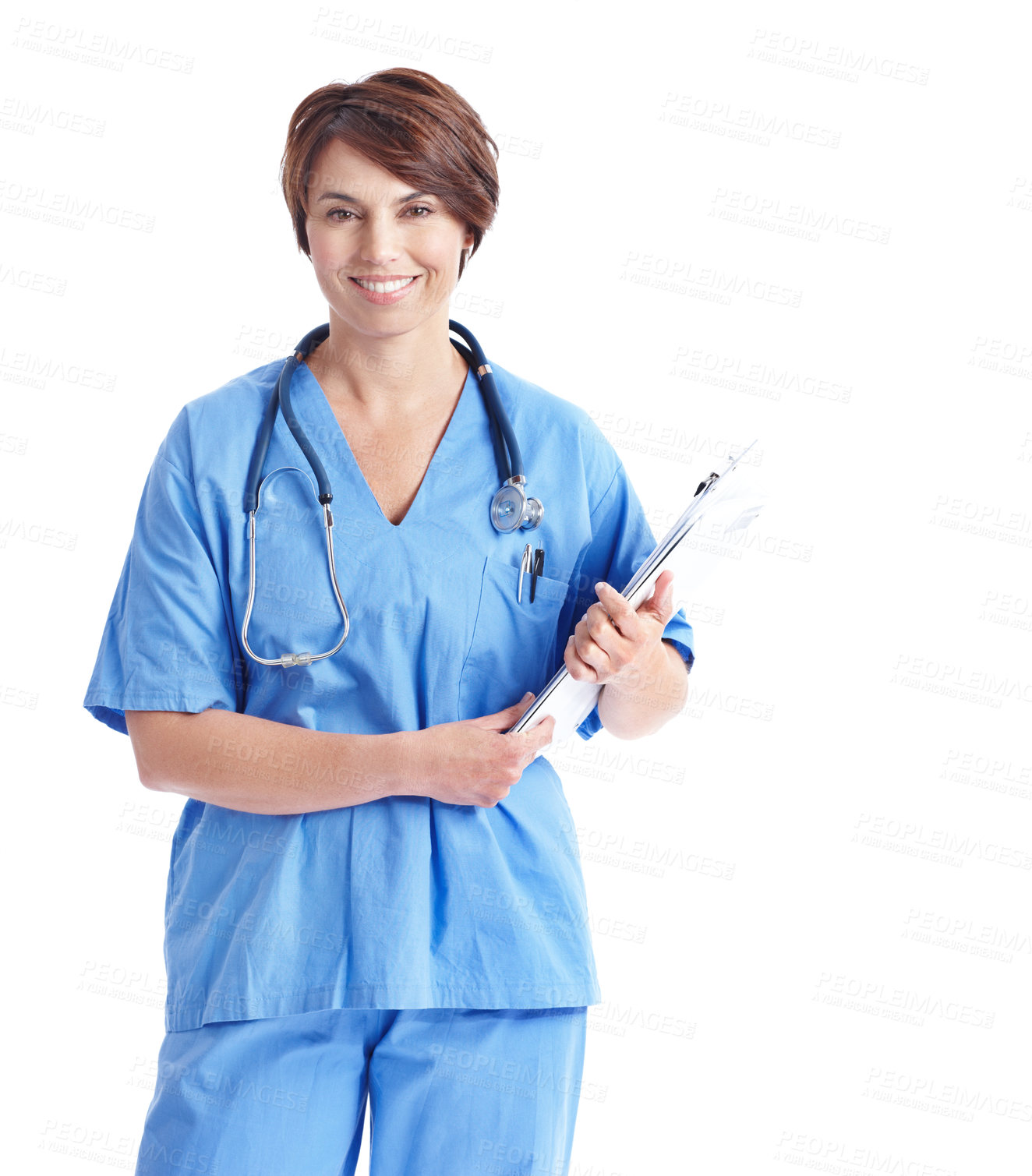 Buy stock photo Portrait, woman and nurse in studio with clipboard, medical report and policy form for treatment. Space, person or smile with checklist, symptoms survey and healthcare information on white background