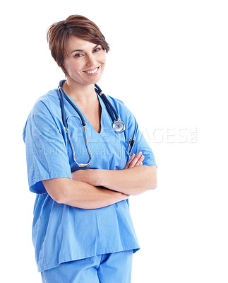 Buy stock photo Portrait, smile and nurse with arms crossed in studio with stethoscope, healthcare and job. Happy, woman or professional surgeon on white background with scrubs, confident and career in medicine