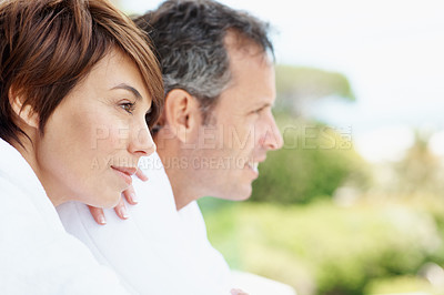 Buy stock photo Calm, thinking or couple outdoor with vacation, trip memory or tender perspective on romantic getaway. Relax, space or people with commitment, peaceful reflection or marriage nostalgia with holiday.