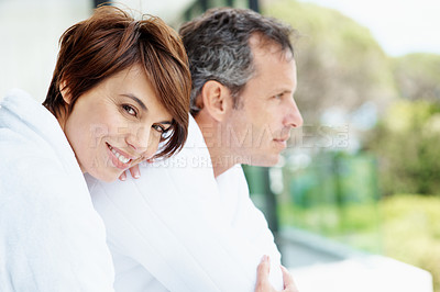 Buy stock photo Love, balcony and smile with couple in home for morning, bonding and connection together. Support, wake up and commitment with man and woman in apartment for loyalty, portrait and marriage wellness