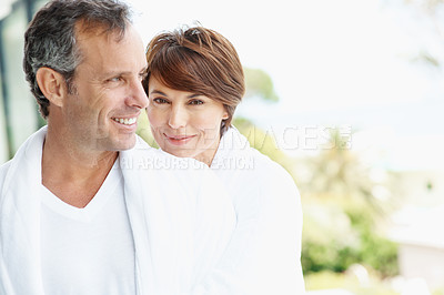 Buy stock photo Travel, smile and morning with couple at hotel for romantic getaway, bonding and connection. Happy, anniversary vacation and portrait with mature man and woman in villa for marriage and space