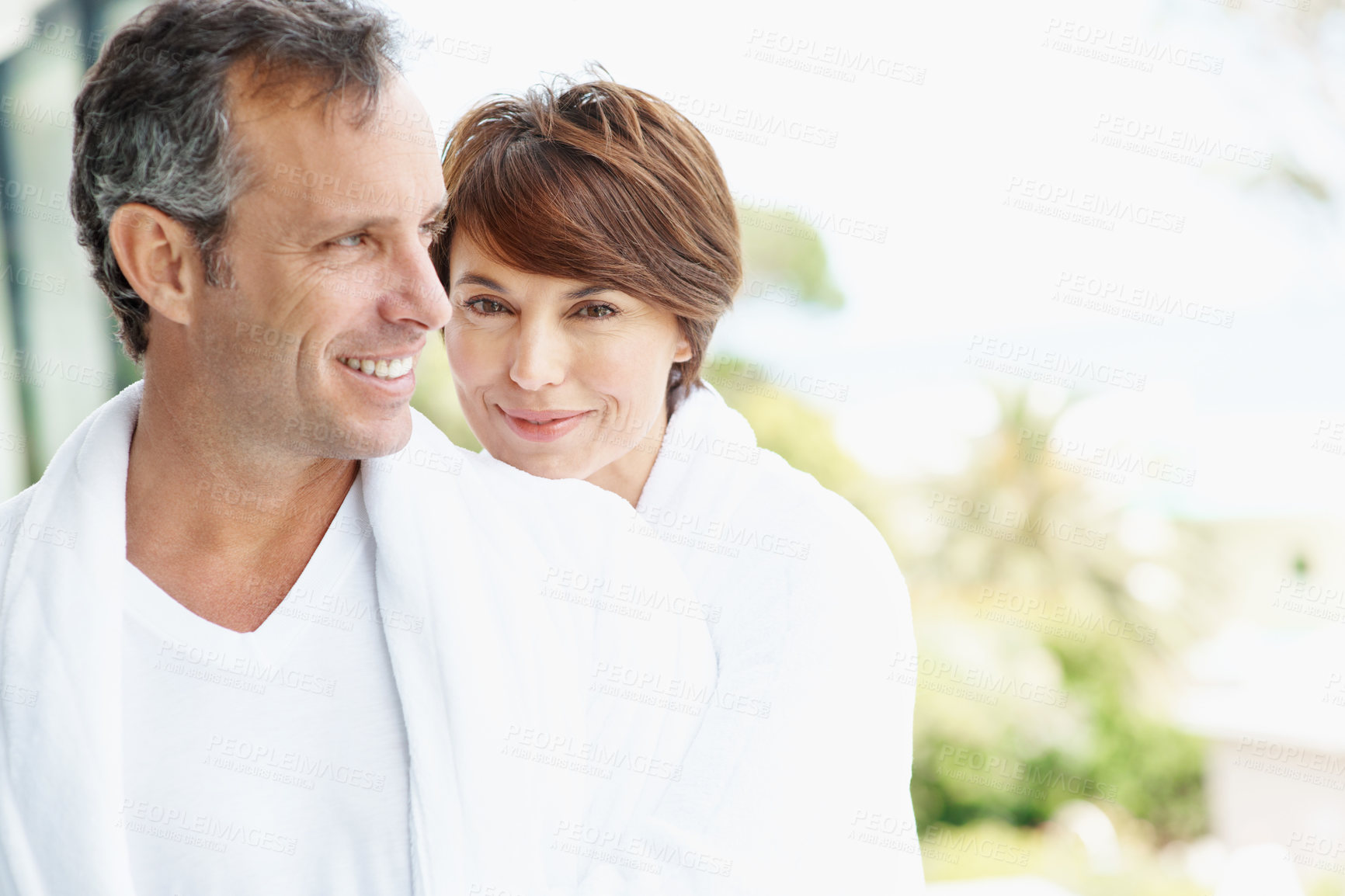 Buy stock photo Travel, smile and morning with couple at hotel for romantic getaway, bonding and connection. Happy, anniversary vacation and portrait with mature man and woman in villa for marriage and space