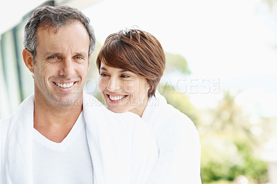 Buy stock photo Travel, happy and portrait of couple at hotel for romantic getaway, bonding and connection. Smile, anniversary vacation and hospitality with mature man and woman in villa for marriage and space