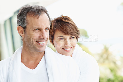 Buy stock photo Travel, smile and view with couple at hotel for romantic getaway, bonding and connection. Happy, anniversary vacation and hospitality with mature man and woman in villa for marriage and vision