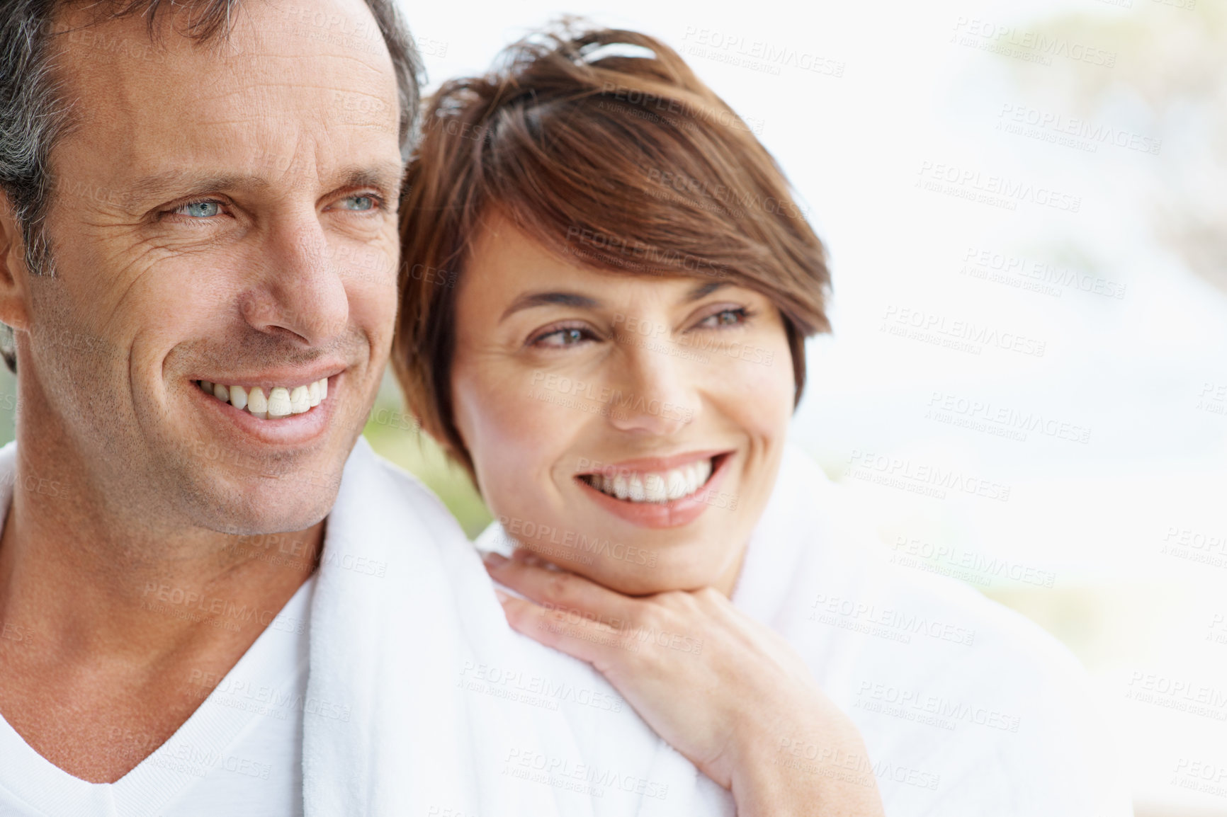 Buy stock photo Travel, happy and view with couple at hotel for romantic getaway, bonding and connection. Smile, anniversary vacation and love with mature man and woman in villa for marriage and commitment.