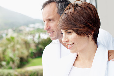 Buy stock photo Smile, balcony and view with couple in home for morning, bonding and connection together. Support, wake up and commitment with mature man and woman in apartment for loyalty, space and marriage peace
