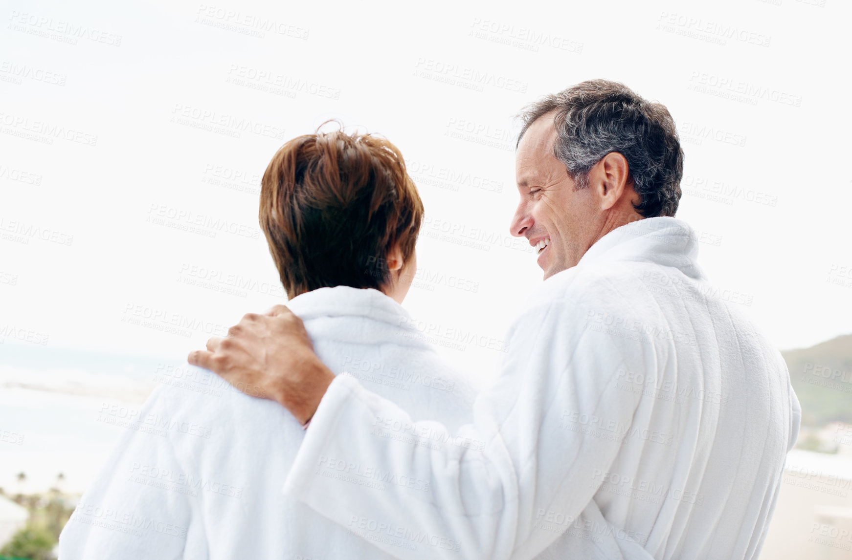 Buy stock photo Travel, love and support and couple at hotel for romantic getaway, bonding and connection. Happy, anniversary vacation and relax with man and woman in villa for marriage and commitment together
