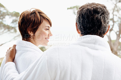 Buy stock photo Travel, hug and love with couple at hotel for romantic getaway, bonding and connection. Happy, anniversary vacation and trust with man and woman in villa for marriage, support and commitment together