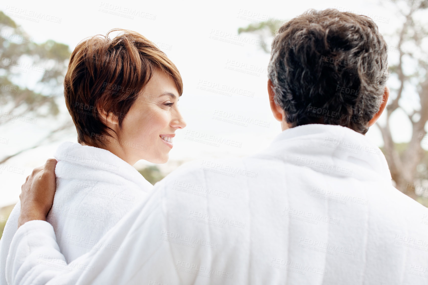 Buy stock photo Travel, hug and love with couple at hotel for romantic getaway, bonding and connection. Happy, anniversary vacation and trust with man and woman in villa for marriage, support and commitment together