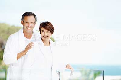 Buy stock photo Smile, portrait and balcony with couple at hotel for travel, anniversary getaway and bonding. Marriage, holiday villa and hospitality with man and woman relax at resort for love, space and support