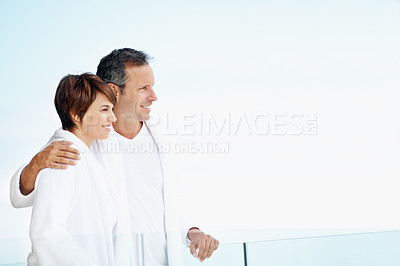 Buy stock photo Hug, balcony and view with couple in home for morning, bonding or connection together. Support, wake up and commitment with man or woman in apartment for relationship loyalty, space or marriage peace