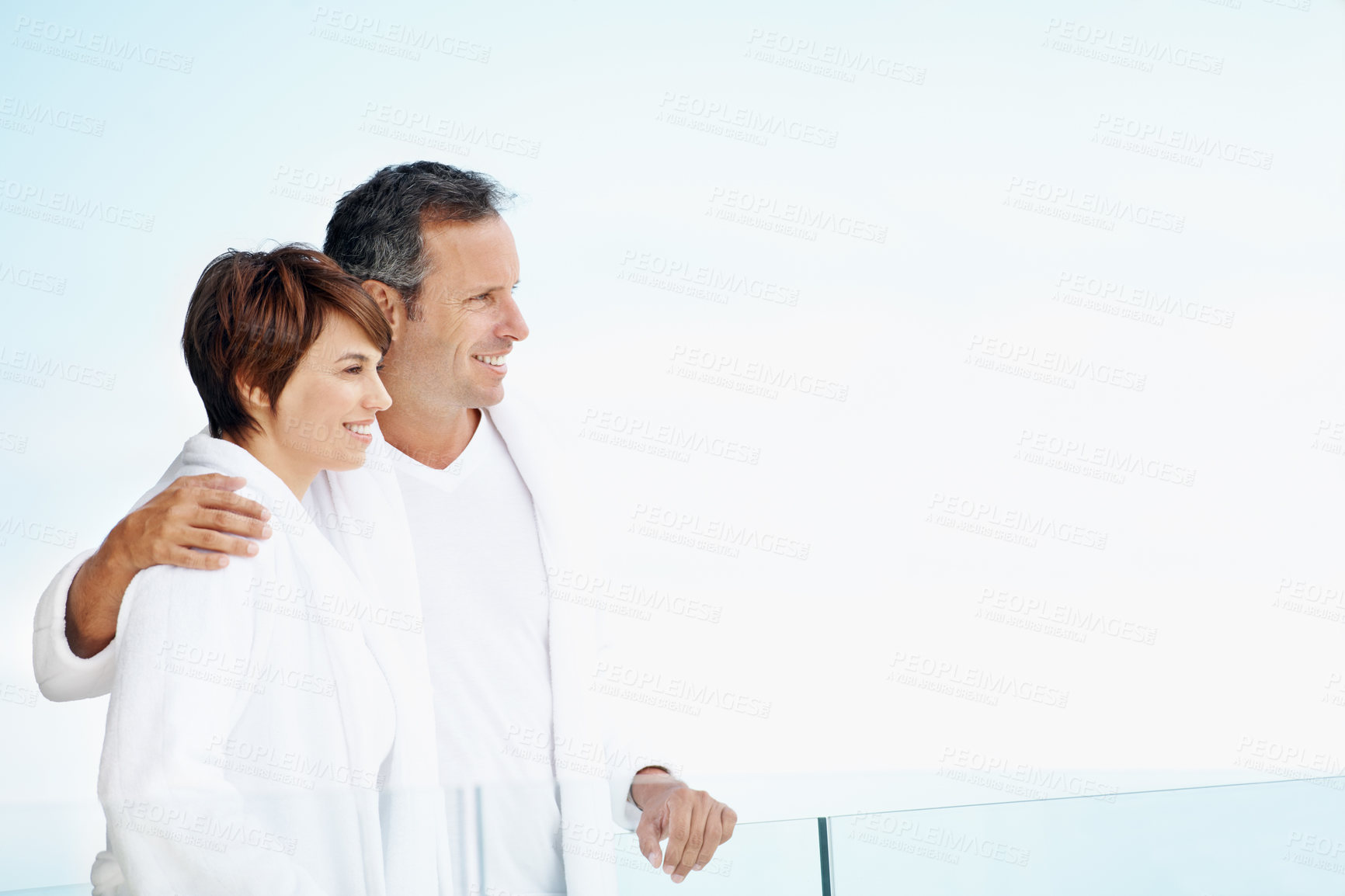 Buy stock photo Hug, balcony and view with couple in home for morning, bonding or connection together. Support, wake up and commitment with man or woman in apartment for relationship loyalty, space or marriage peace