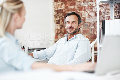 Buy stock photo Portrait, team and mentor with business man in office for meeting, marketing and research. Project management, collaboration and target audience review with employees in creative agency and manager