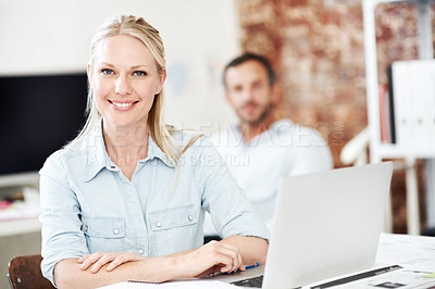 Buy stock photo Portrait, smile and laptop with business woman in office for planning, marketing and research. Project management, coworking and target audience review with employees in creative agency