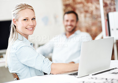 Buy stock photo Portrait, team and laptop with business woman in office for meeting, marketing idea and research. Project management, collaboration and target audience review with employees in creative agency