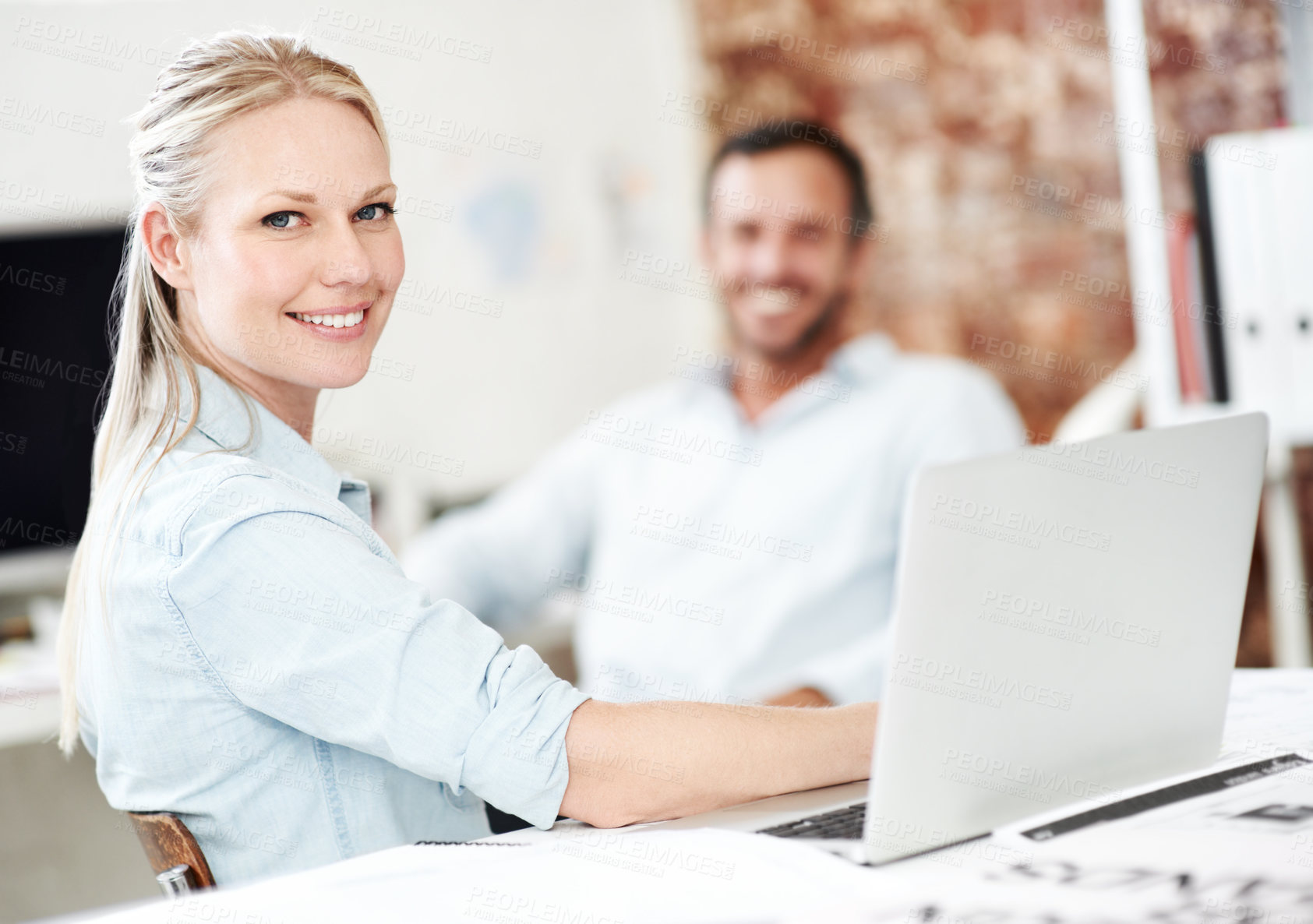 Buy stock photo Portrait, team and laptop with business woman in office for meeting, marketing idea and research. Project management, collaboration and target audience review with employees in creative agency