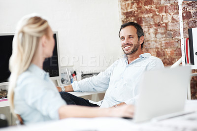 Buy stock photo Smile, team and planning with business man in office for branding review, mentor feedback and project. Campaign advisor, marketing manager and happy with employees in creative agency for media