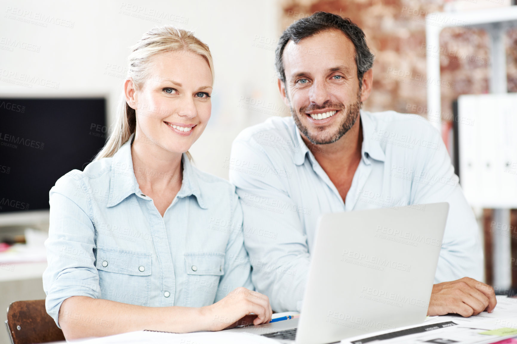 Buy stock photo Smile, laptop and portrait with business people in office for interior design, project and team. Blueprint review, architect brainstorming and online plan with employees for proposal and research