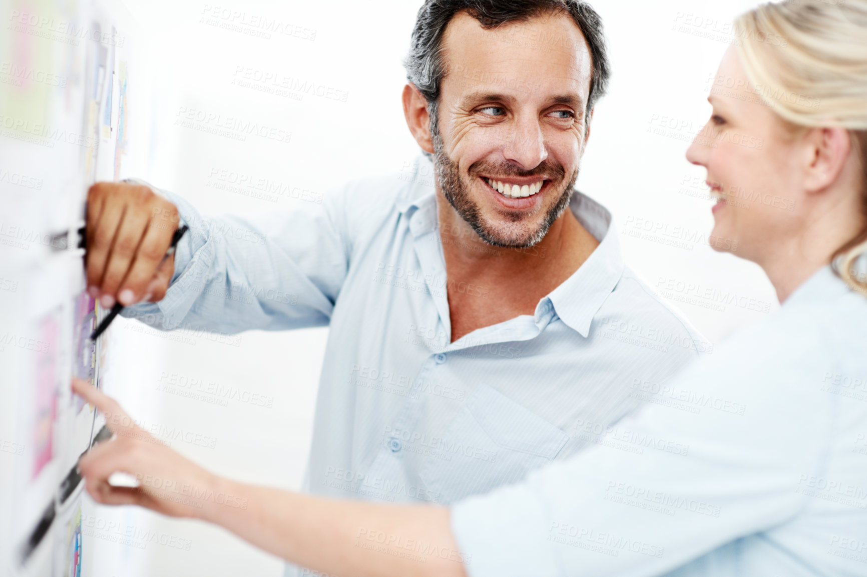 Buy stock photo Team, board and documents with business man in office for interior design, project and planning. Blueprint review, architect brainstorming and discussion with employees in agency for proposal