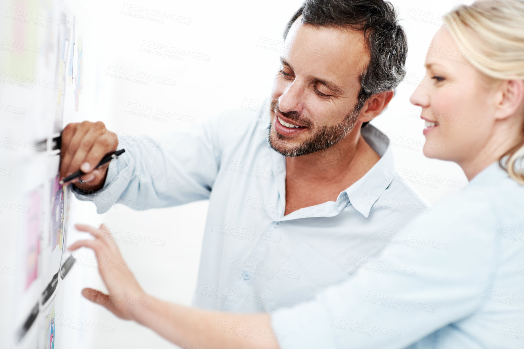 Buy stock photo Meeting, board and documents with business man in office for interior design, project and planning. Blueprint review, architect brainstorming and discussion with employees in agency for proposal