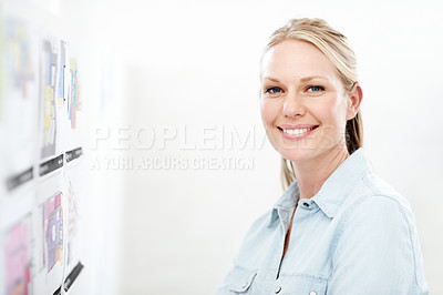 Buy stock photo Woman, portrait and blueprint on board with layout review, architecture and happy with strategy. Smile, architect and floor plan for renovation overview, white background and project management