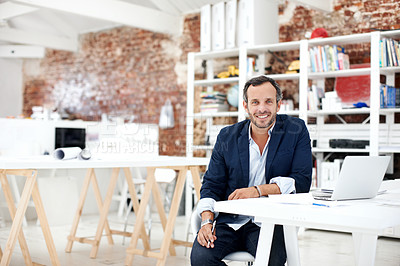 Buy stock photo Man, smile and portrait at startup for architecture, civil engineering and design business. Architect, mature person and blueprint planning, contractor or happy employee with confidence in office