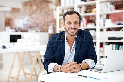 Buy stock photo Man, happy and portrait at startup for architecture, civil engineering and design business. Architect, mature person and blueprint planning, contractor or employee with confident smile in office