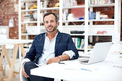 Buy stock photo Businessman, smile and portrait at startup for architecture, civil engineering and laptop for design. Mature architect, blueprint planning with contractor, happy employee and confidence in workplace