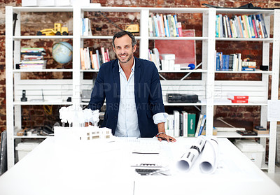 Buy stock photo Happy man, business and portrait at startup for architecture, civil engineering and design agency. Architect, mature person and building model, contractor or employee with confident smile in office
