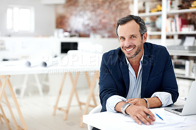 Buy stock photo Businessman, happy and portrait at startup for architecture, civil engineering or design agency. Architect, mature person and blueprint planning, contractor or employee with confident smile in office
