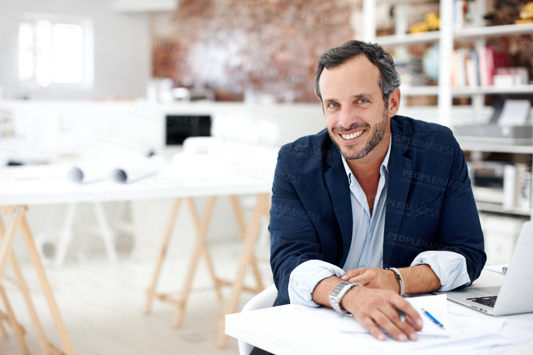 Buy stock photo Businessman, happy and portrait at startup for architecture, civil engineering or design agency. Architect, mature person and blueprint planning, contractor or employee with confident smile in office