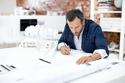 Buy stock photo Man, architecture and drawing in office for blueprint planning, civil engineering project and work. Architect, mature person and sketching for floorplan, contractor or building model with paperwork