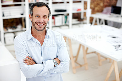 Buy stock photo Portrait, arms crossed and business man in office for about us, branding manager or professional in startup. Confidence, creative director and happy with mature employee in media agency as consultant