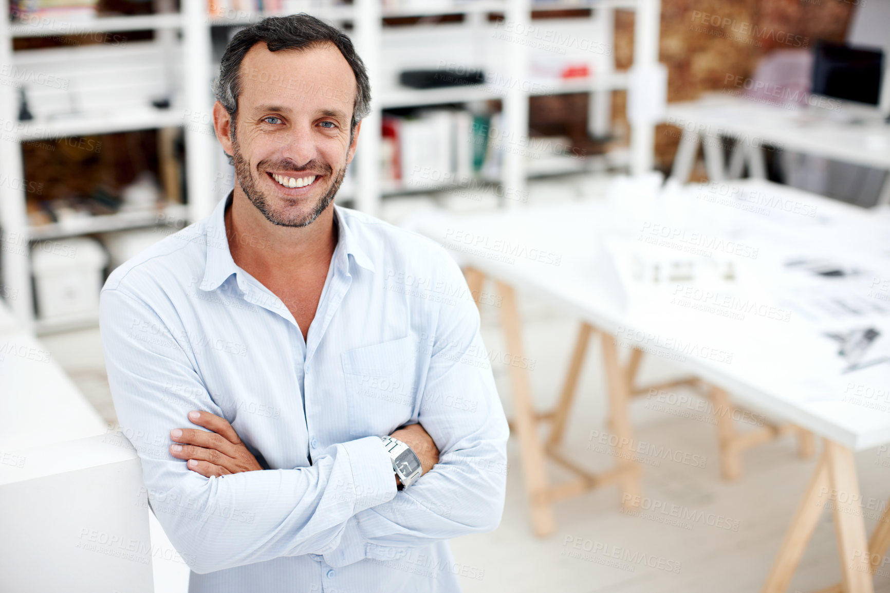 Buy stock photo Portrait, arms crossed and business man in office for about us, branding manager or professional in startup. Confidence, creative director and happy with mature employee in media agency as consultant