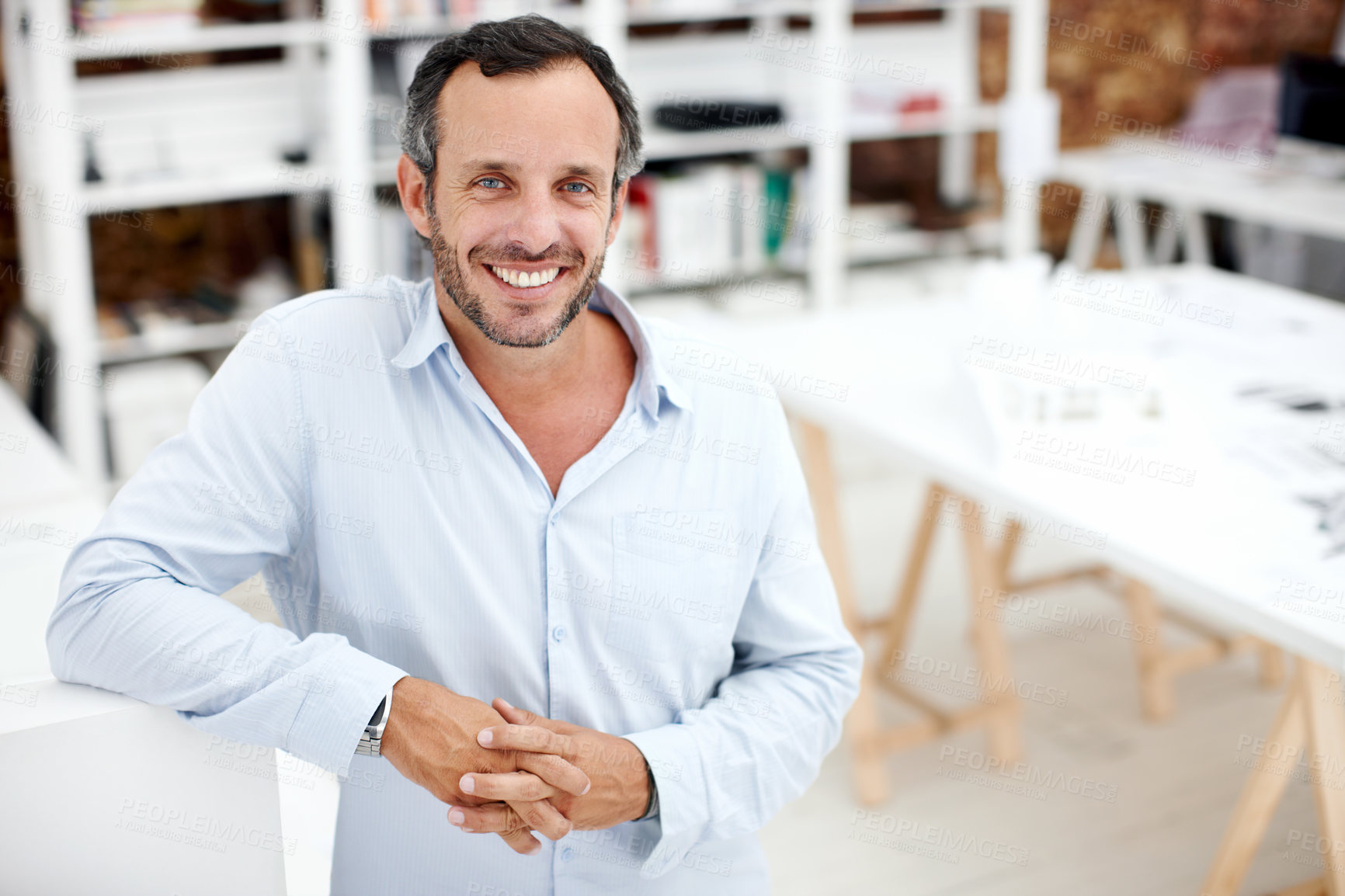 Buy stock photo Portrait, smile and business man in office for about us, branding manager and professional in startup. Confidence, creative director and happy with mature employee in media agency as consultant