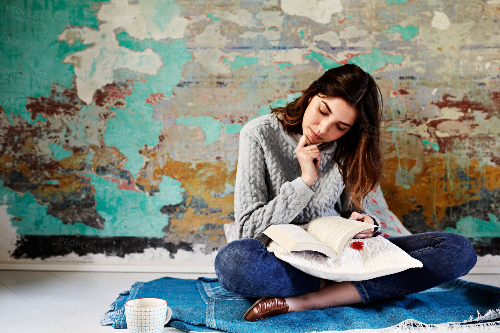 Buy stock photo Woman, thinking and reading book in house with creative story, stress relief and peace for downtime. Person, relax and interesting novel on home floor for hobby, literature or chill for weekend break