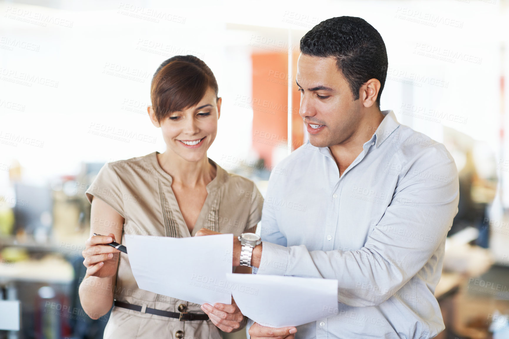 Buy stock photo Documents, reading and team with business people in office for campaign planning, research and advice. Project tracking, feedback and collaboration with employees for discussion and paperwork