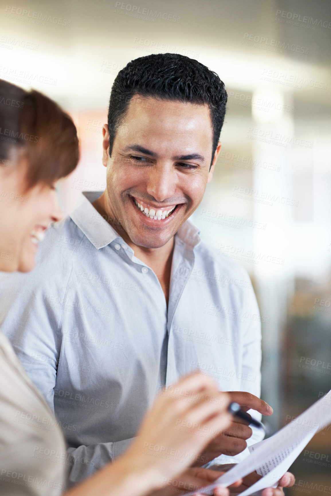Buy stock photo Team, smile and documents with business man in office for meeting, account review or research. Budget report, project advisor and happy with employees in agency for treasury feedback and planning