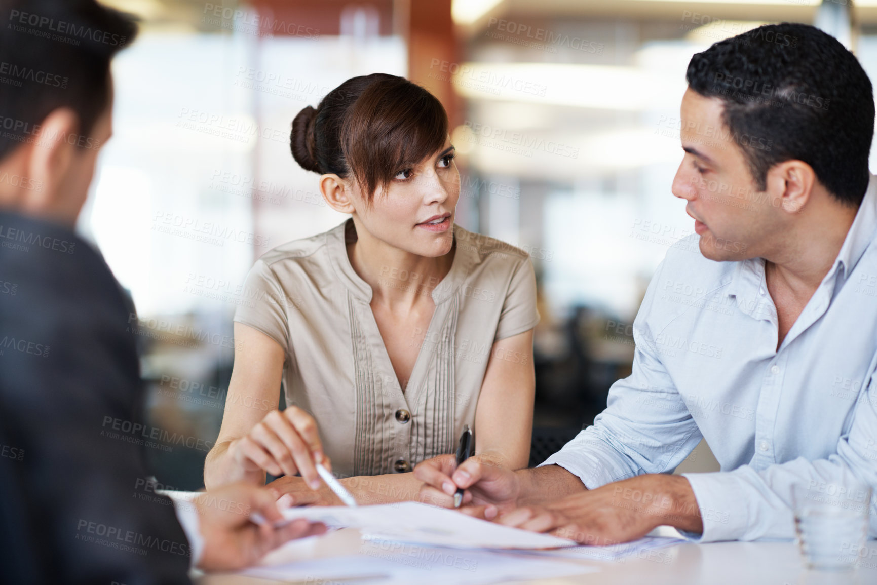 Buy stock photo Panel, woman or meeting with paperwork in office for candidate calibration, CV review or criteria. Hiring, HR manager or team discussion for resume screening, interview decision or onboarding process