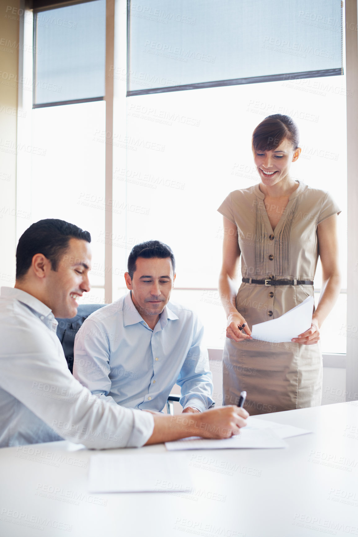 Buy stock photo Writing, planning and documents with business people in office for meeting, account review or research. Budget report, project advisor and paperwork with employees in agency for treasury feedback
